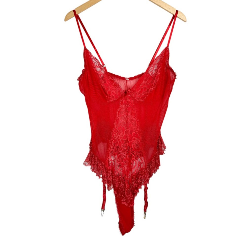 Vintage Red Lace Teddy Womens Lingerie Sz Large / XL High Cut Ruffle Bodysuit
